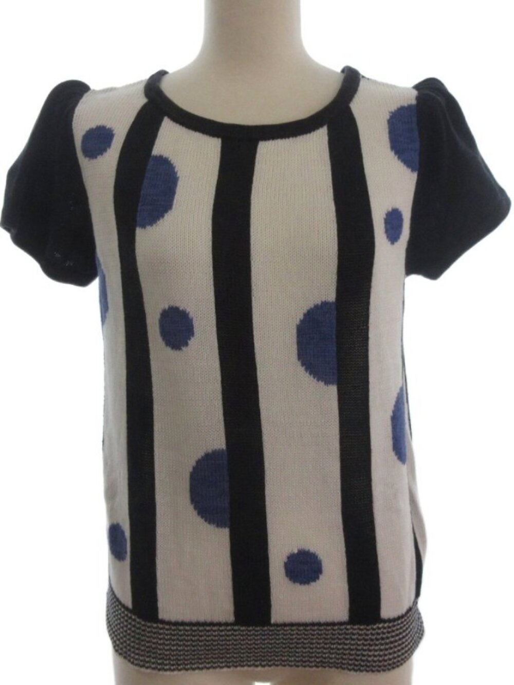 Yves Saint Laurent Knit Top Polka Dot Striped Navy Cream Short Sleeve Sweater